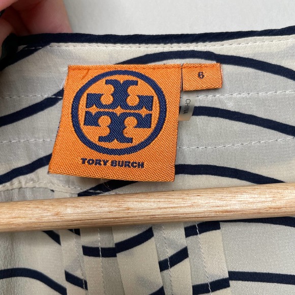 Tory Burch Silk Iriana Pretty Stripped Blouse V-Neck 3/4 Sleeve Blue Cream 6 - Picture 3 of 8